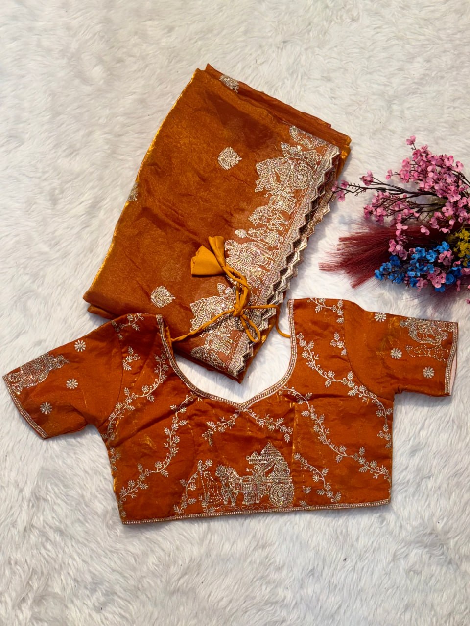 Orange Designer Fendy Crush Saree ClothsVilla