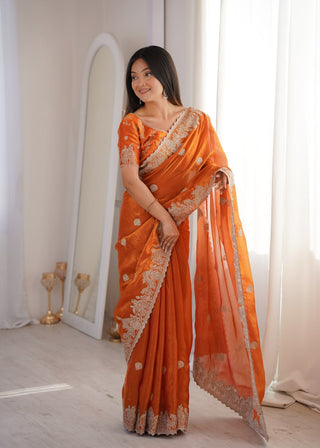 Orange Designer Fendy Crush Saree ClothsVilla