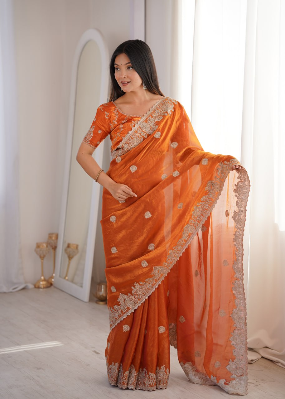 Orange Designer Fendy Crush Saree ClothsVilla