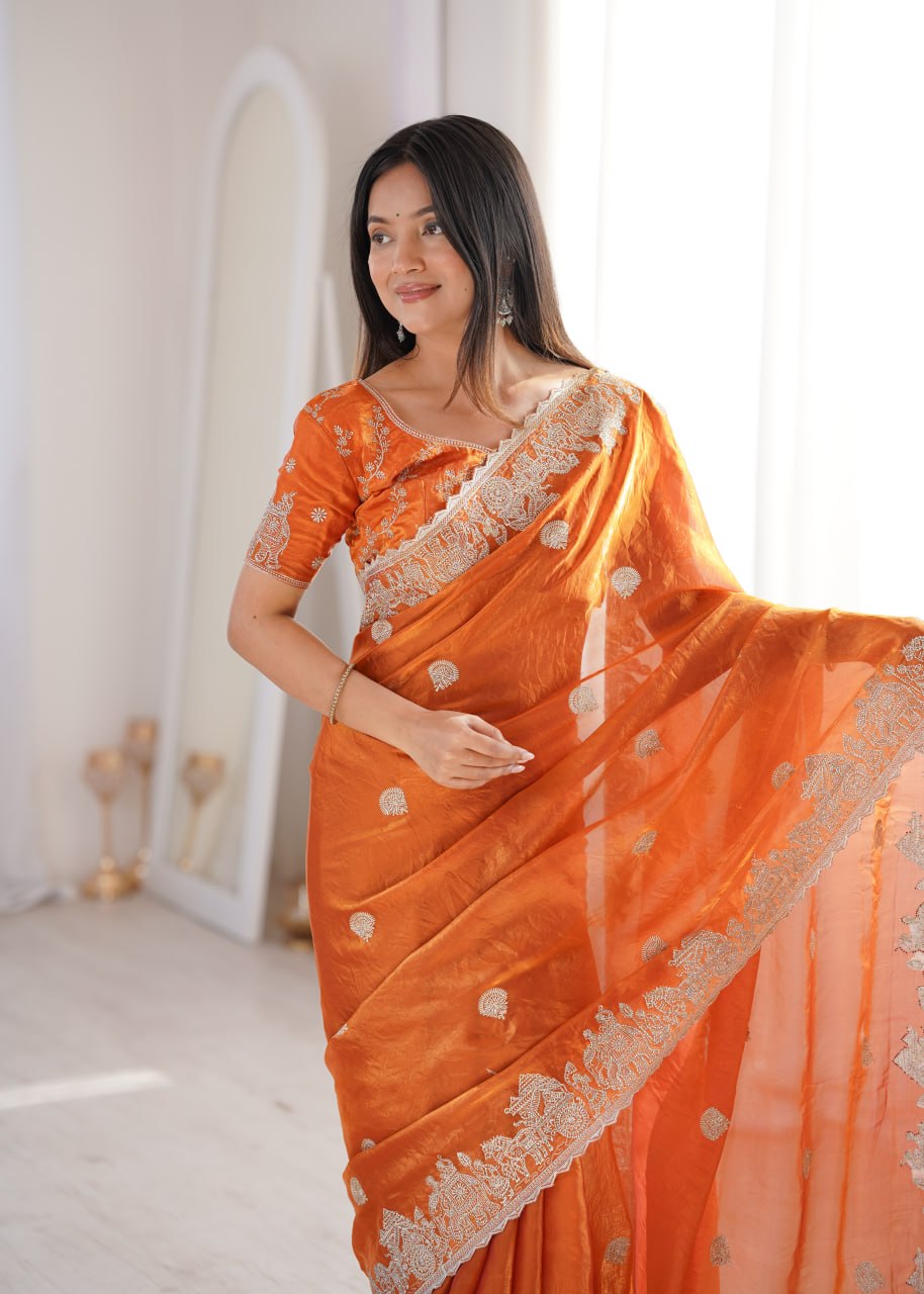 Orange Designer Fendy Crush Saree ClothsVilla