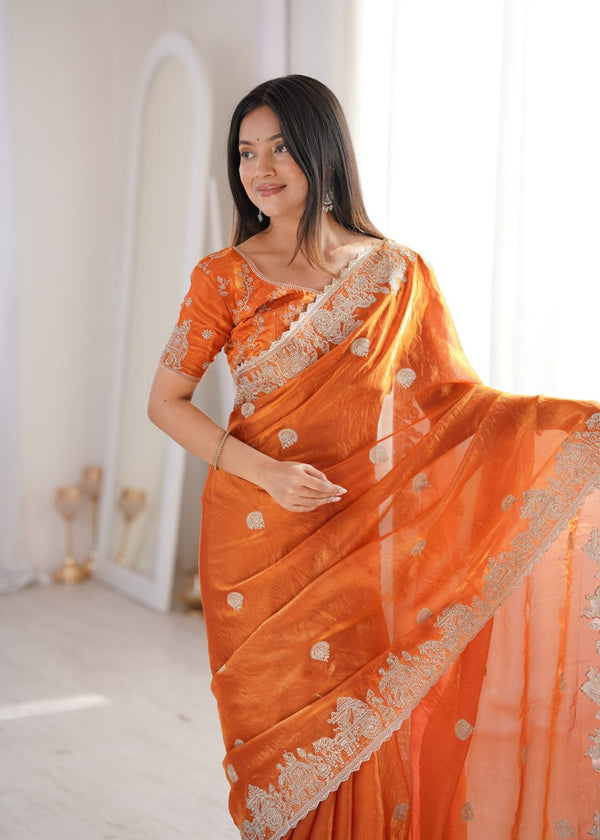 Orange Designer Fendy Crush Saree ClothsVilla