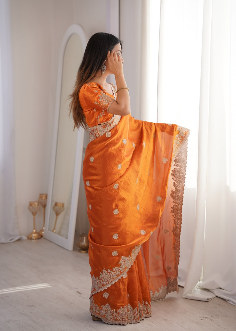 Orange Designer Fendy Crush Saree ClothsVilla