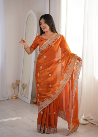 Orange Designer Fendy Crush Saree ClothsVilla