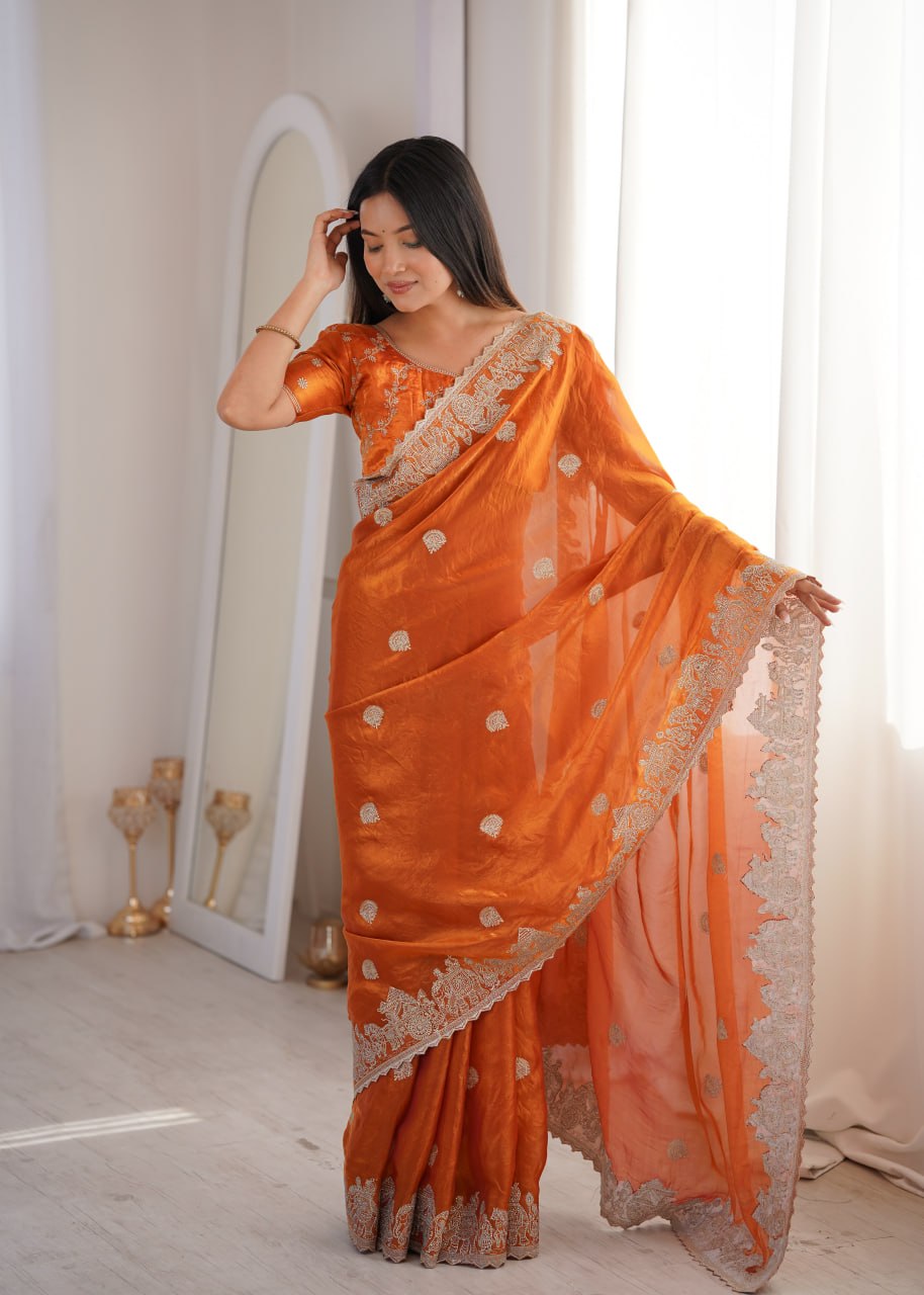 Orange Designer Fendy Crush Saree ClothsVilla