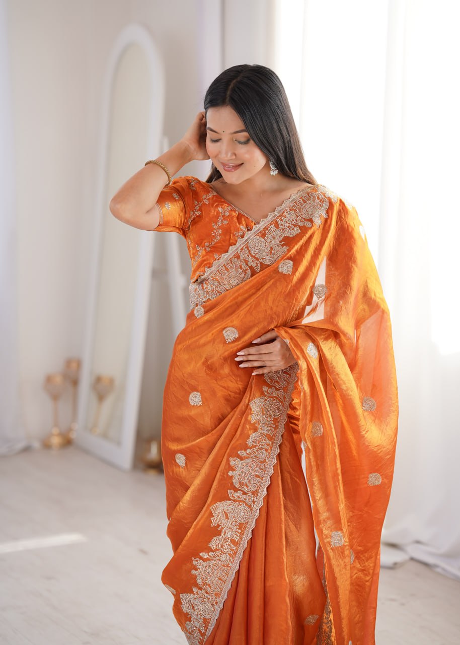 Orange Designer Fendy Crush Saree ClothsVilla