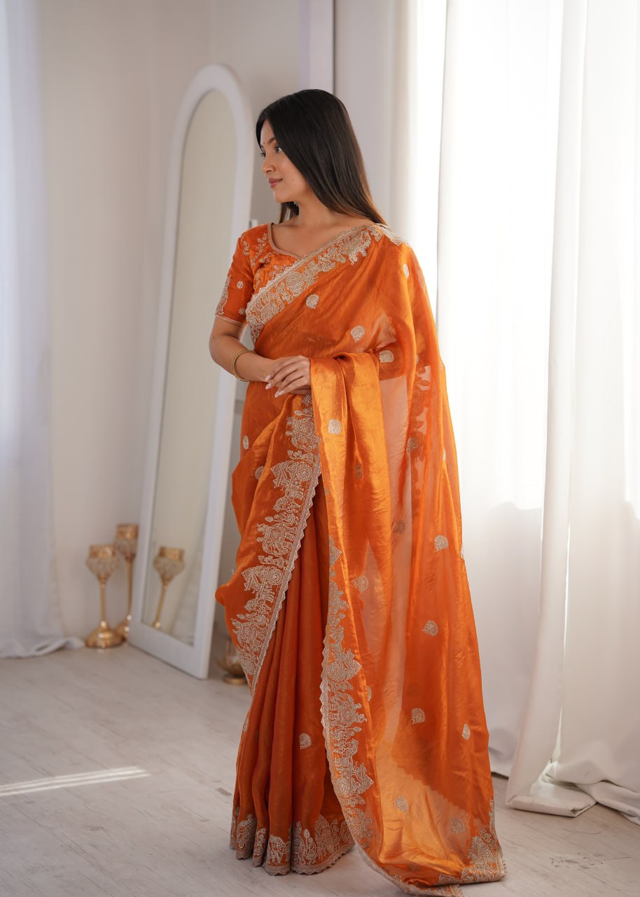 Orange Designer Fendy Crush Saree ClothsVilla