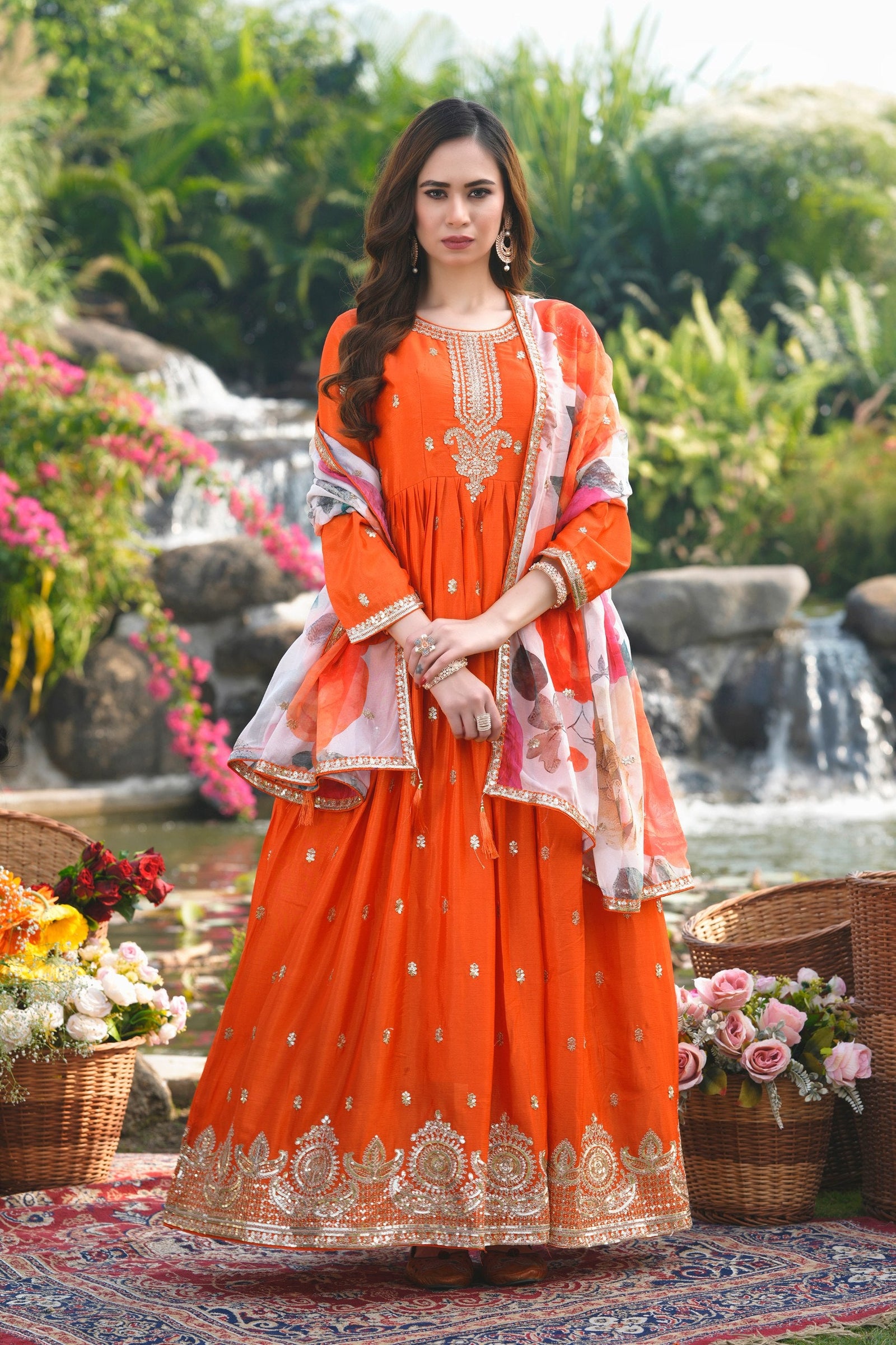 Orange Designer Gown with Print Dupatta ClothsVilla