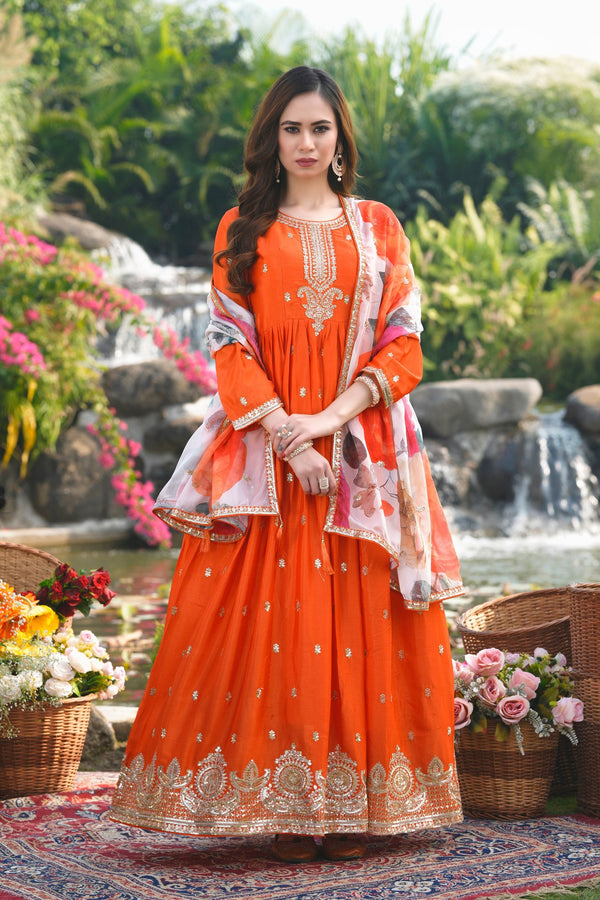 Orange Designer Gown with Print Dupatta ClothsVilla