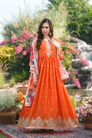 Orange Designer Gown with Print Dupatta ClothsVilla