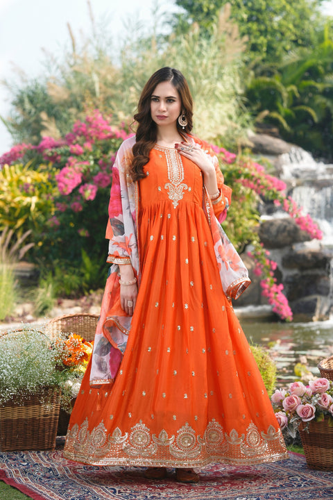 Orange Designer Gown with Print Dupatta ClothsVilla Main image