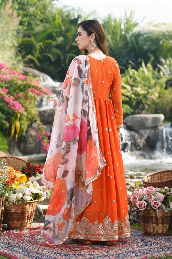 Orange Designer Gown with Print Dupatta ClothsVilla