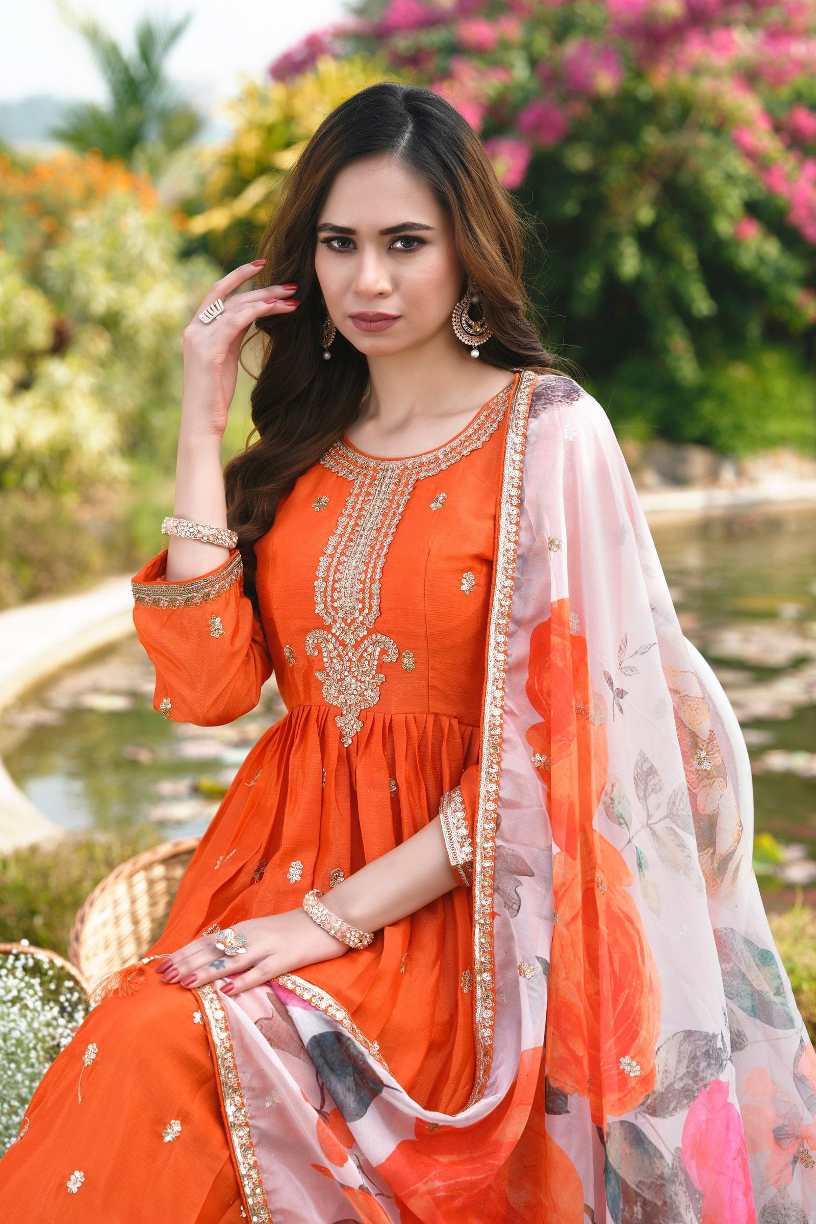 Orange Designer Gown with Print Dupatta ClothsVilla