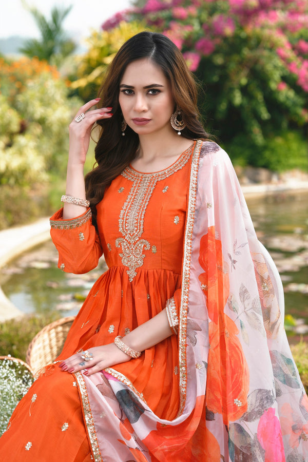 Orange Designer Gown with Print Dupatta ClothsVilla