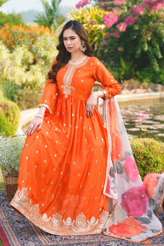 Orange Designer Gown with Print Dupatta ClothsVilla