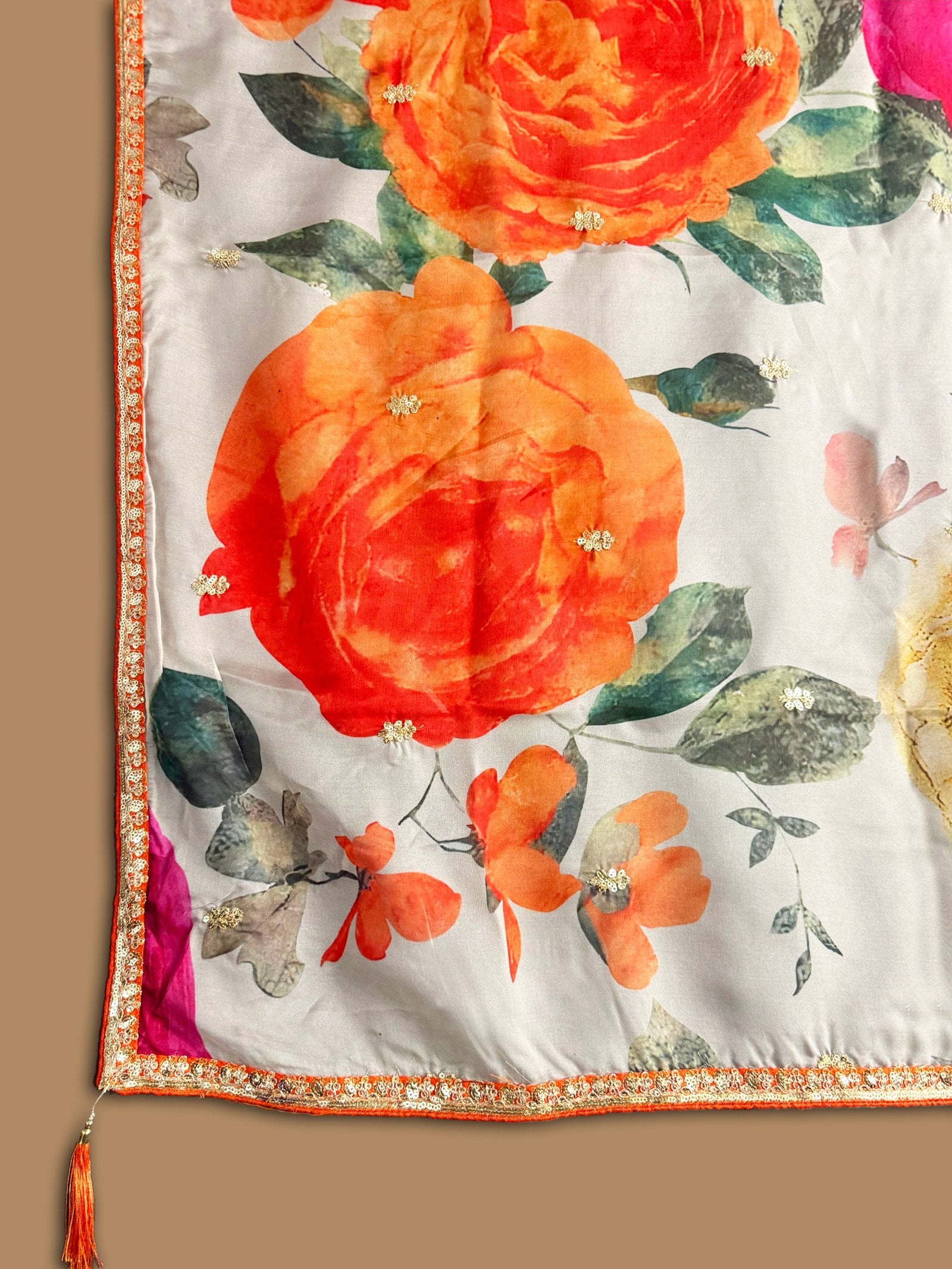 Orange Designer Gown with Print Dupatta ClothsVilla