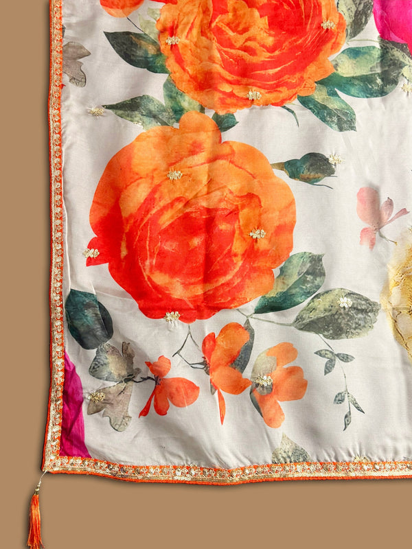 Orange Designer Gown with Print Dupatta ClothsVilla