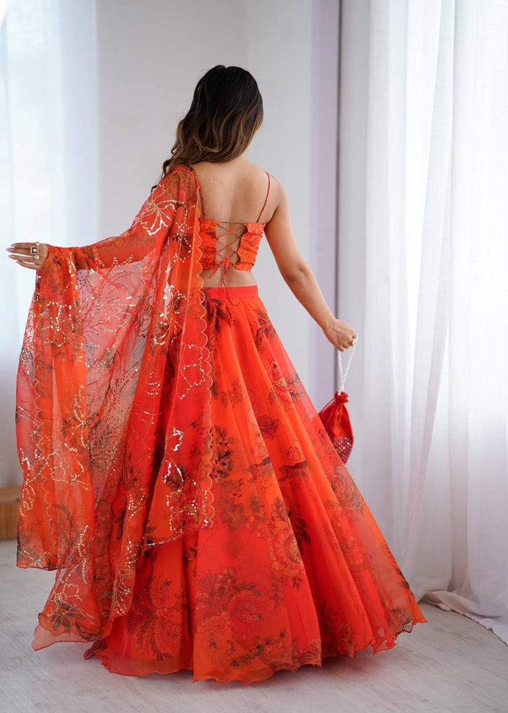 Orange Designer Organza Lehenga Set with Corset Blouse, Dupatta & Batwa ClothsVilla