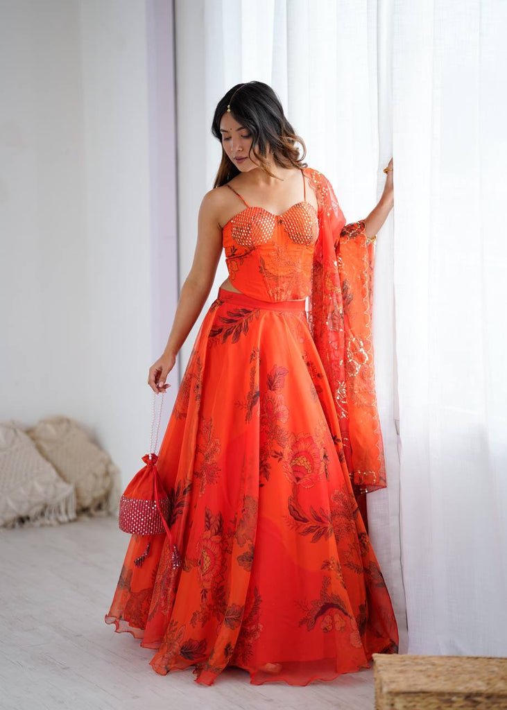 Orange Designer Organza Lehenga Set with Corset Blouse, Dupatta & Batwa ClothsVilla