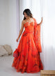 Load image into Gallery viewer, Orange Designer Organza Lehenga Set with Corset Blouse, Dupatta &amp; Batwa ClothsVilla