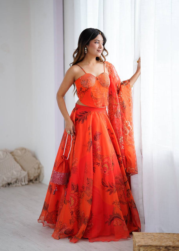 Orange Designer Organza Lehenga Set with Corset Blouse, Dupatta & Batwa ClothsVilla