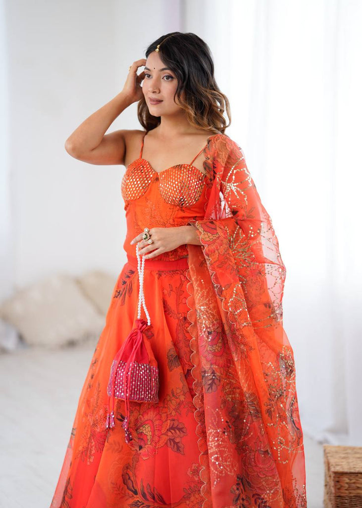 Orange Designer Organza Lehenga Set with Corset Blouse, Dupatta & Batwa ClothsVilla