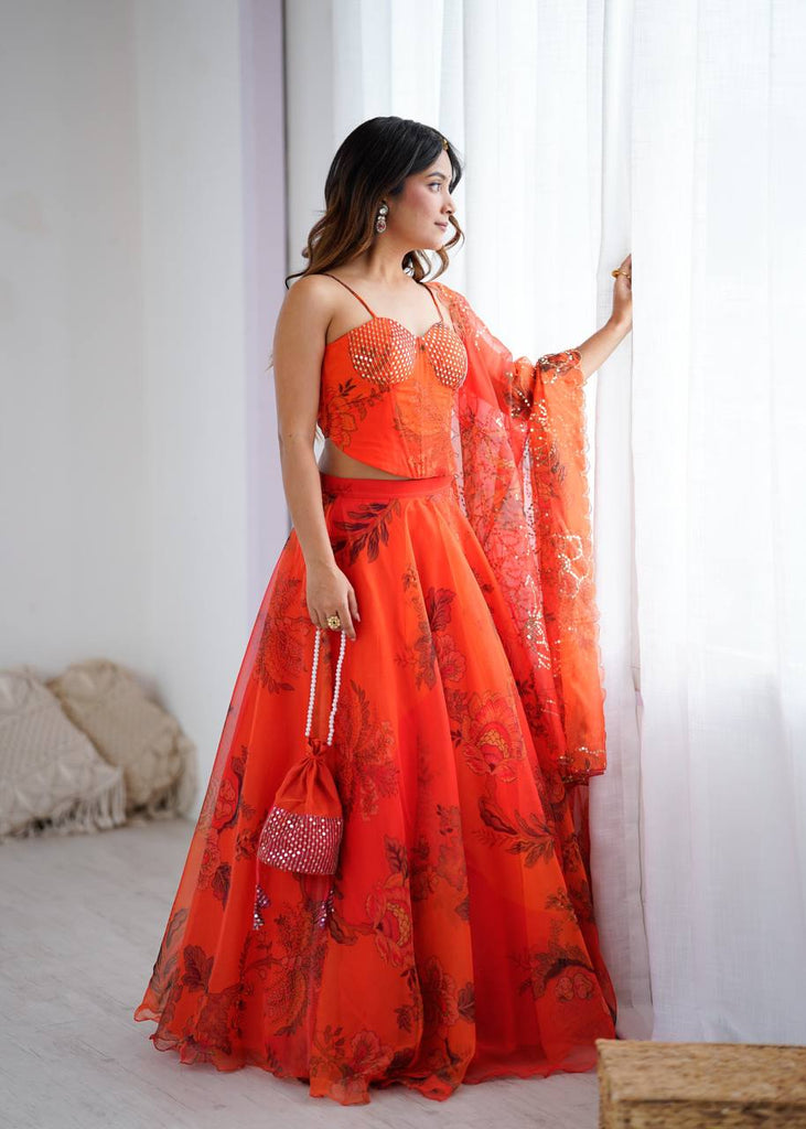 Orange Designer Organza Lehenga Set with Corset Blouse, Dupatta & Batwa ClothsVilla