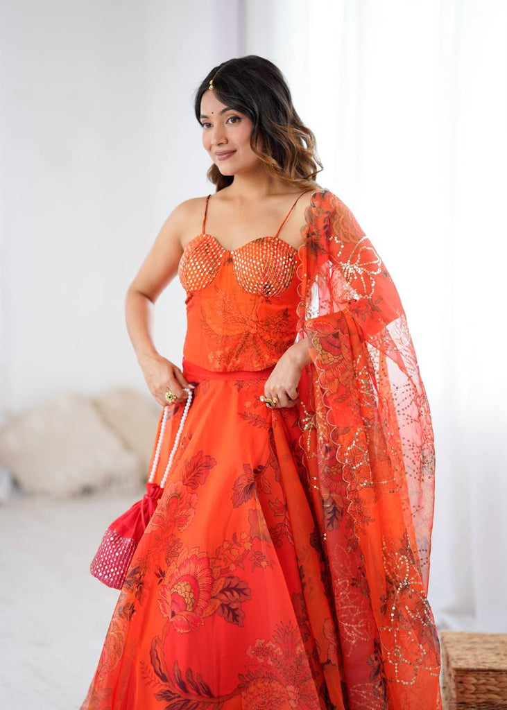 Orange Designer Organza Lehenga Set with Corset Blouse, Dupatta & Batwa ClothsVilla