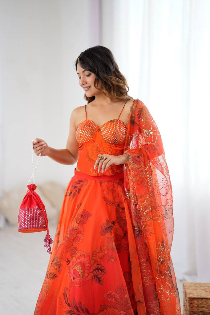 Orange Designer Organza Lehenga Set with Corset Blouse, Dupatta & Batwa ClothsVilla