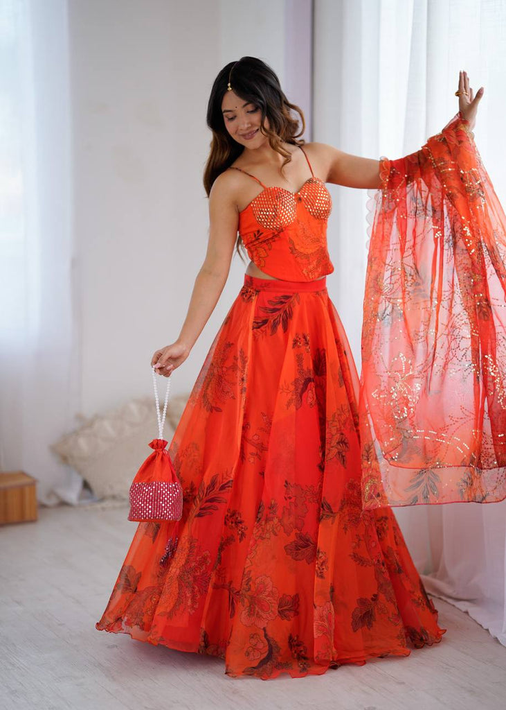 Orange Designer Organza Lehenga Set with Corset Blouse, Dupatta & Batwa ClothsVilla