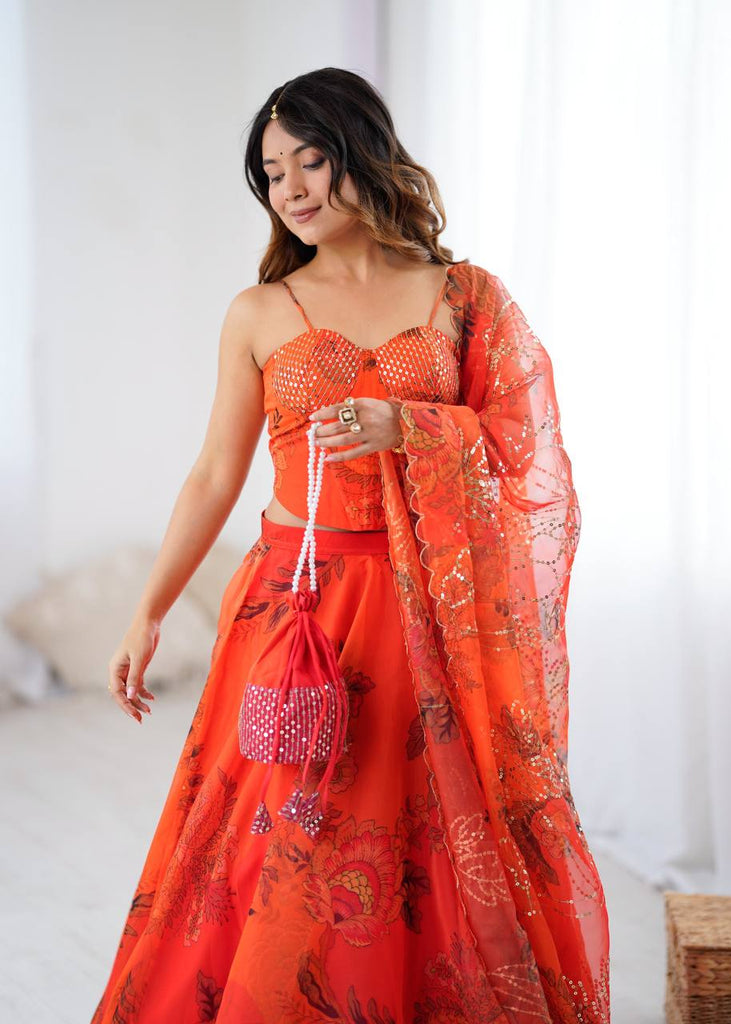 Orange Designer Organza Lehenga Set with Corset Blouse, Dupatta & Batwa ClothsVilla