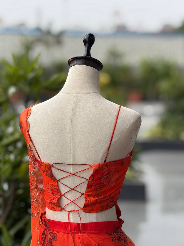 Orange Designer Organza Lehenga Set with Corset Blouse, Dupatta & Batwa ClothsVilla