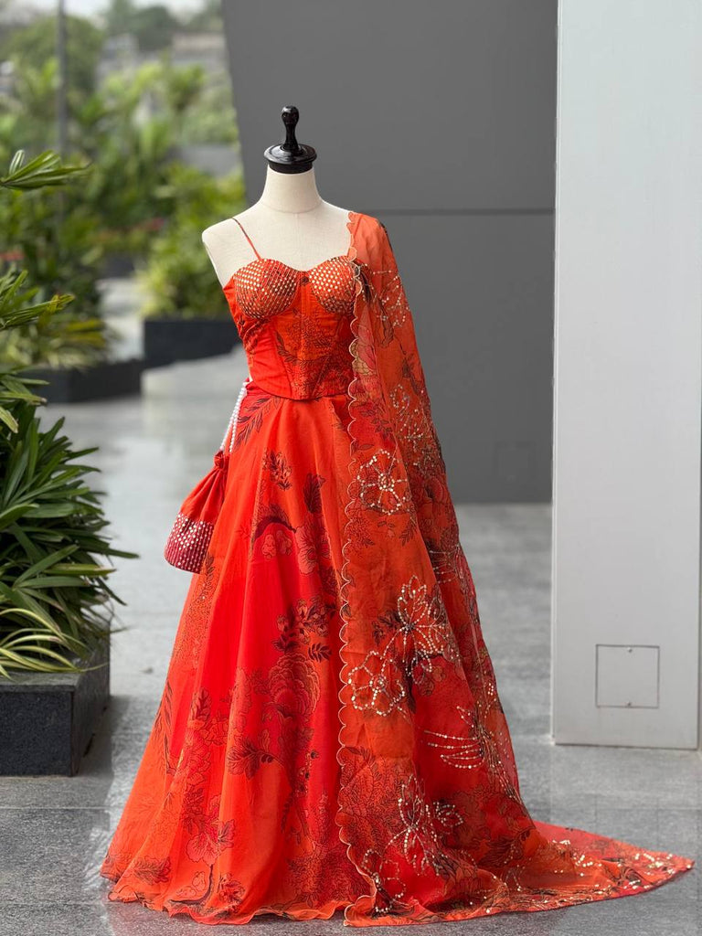 Orange Designer Organza Lehenga Set with Corset Blouse, Dupatta & Batwa ClothsVilla