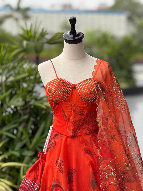 Orange Designer Organza Lehenga Set with Corset Blouse, Dupatta & Batwa ClothsVilla