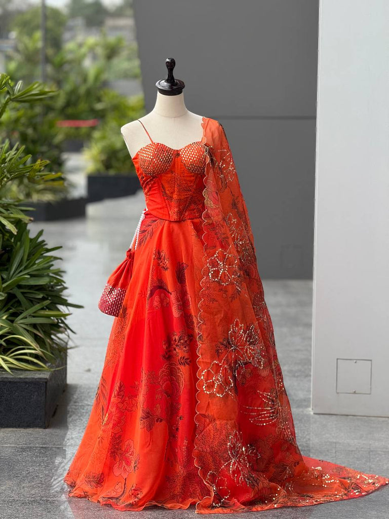 Orange Designer Organza Lehenga Set with Corset Blouse, Dupatta & Batwa ClothsVilla