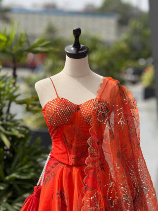Orange Designer Organza Lehenga Set with Corset Blouse, Dupatta & Batwa ClothsVilla