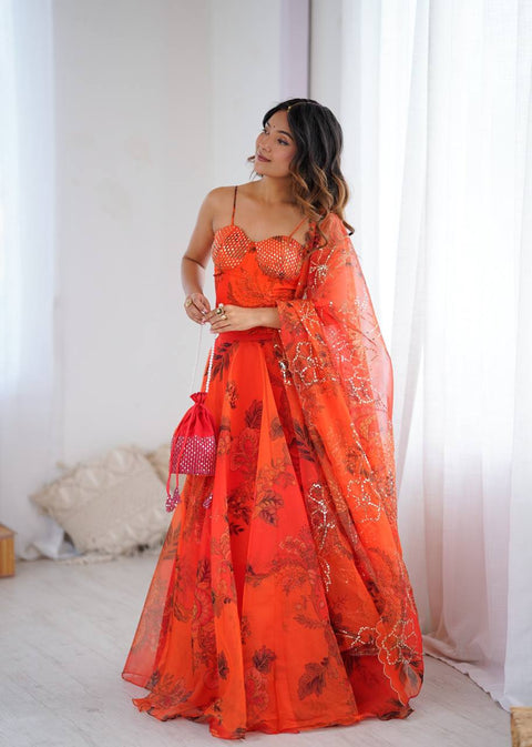 Orange Designer Organza Lehenga Set with Corset Blouse, Dupatta & Batwa ClothsVilla Main image