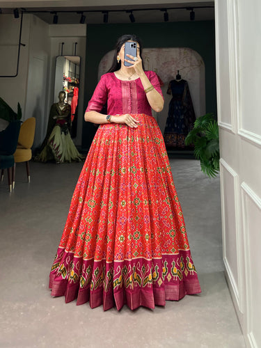 Orange Dola Silk Printed Gown - Embrace Elegance and Comfort ClothsVilla