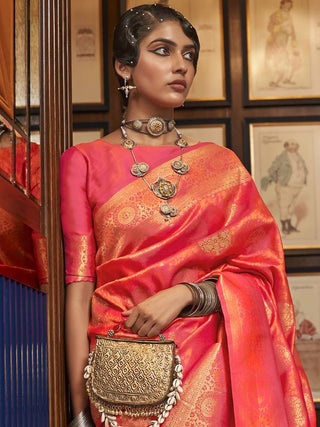 Orange Elegant Banarasi Silk Blend Saree with Unstitched Blouse Piece ClothsVilla