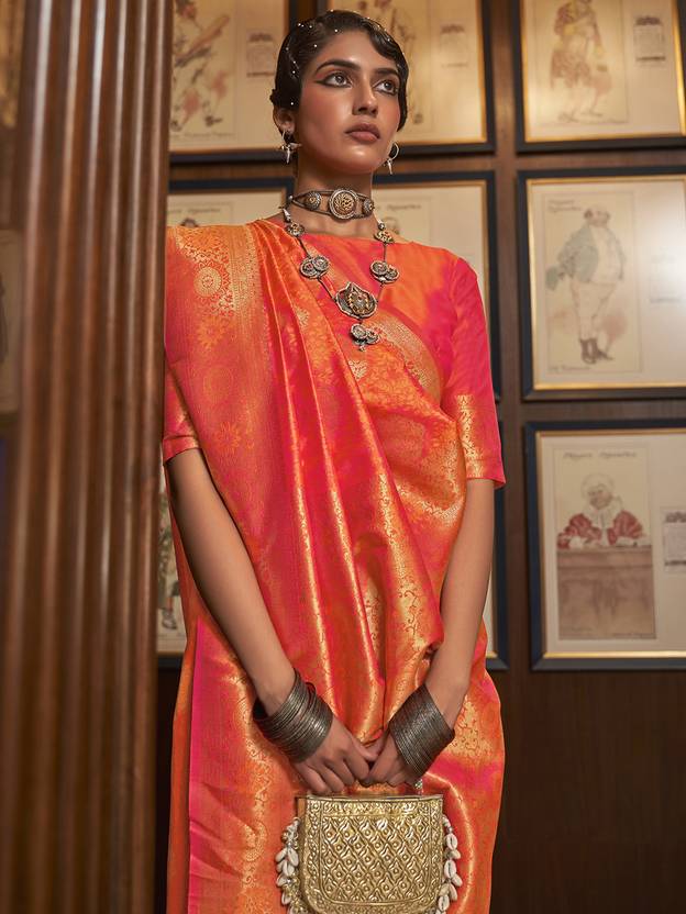 Orange Elegant Banarasi Silk Blend Saree with Unstitched Blouse Piece ClothsVilla