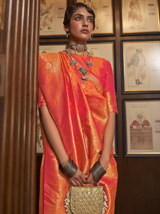Orange Elegant Banarasi Silk Blend Saree with Unstitched Blouse Piece ClothsVilla