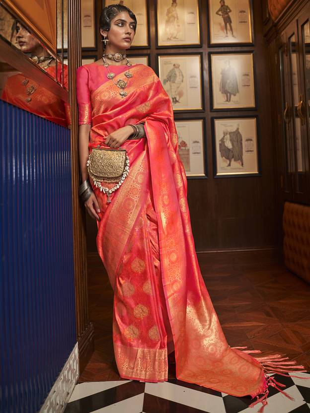 Orange Elegant Banarasi Silk Blend Saree with Unstitched Blouse Piece ClothsVilla