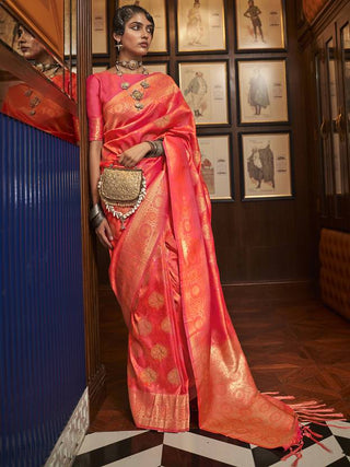 Orange Elegant Banarasi Silk Blend Saree with Unstitched Blouse Piece ClothsVilla