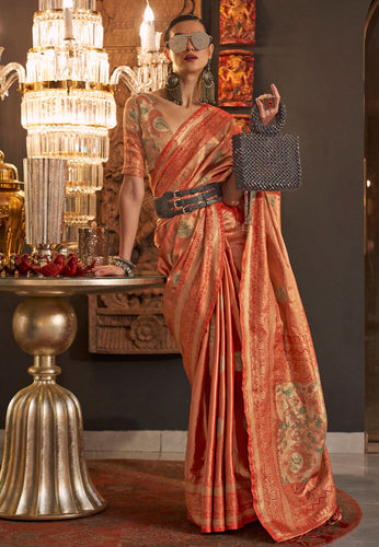 Orange Elegant Banarasi Silk Blend Saree with Woven Design & Tassel Detailing ClothsVilla