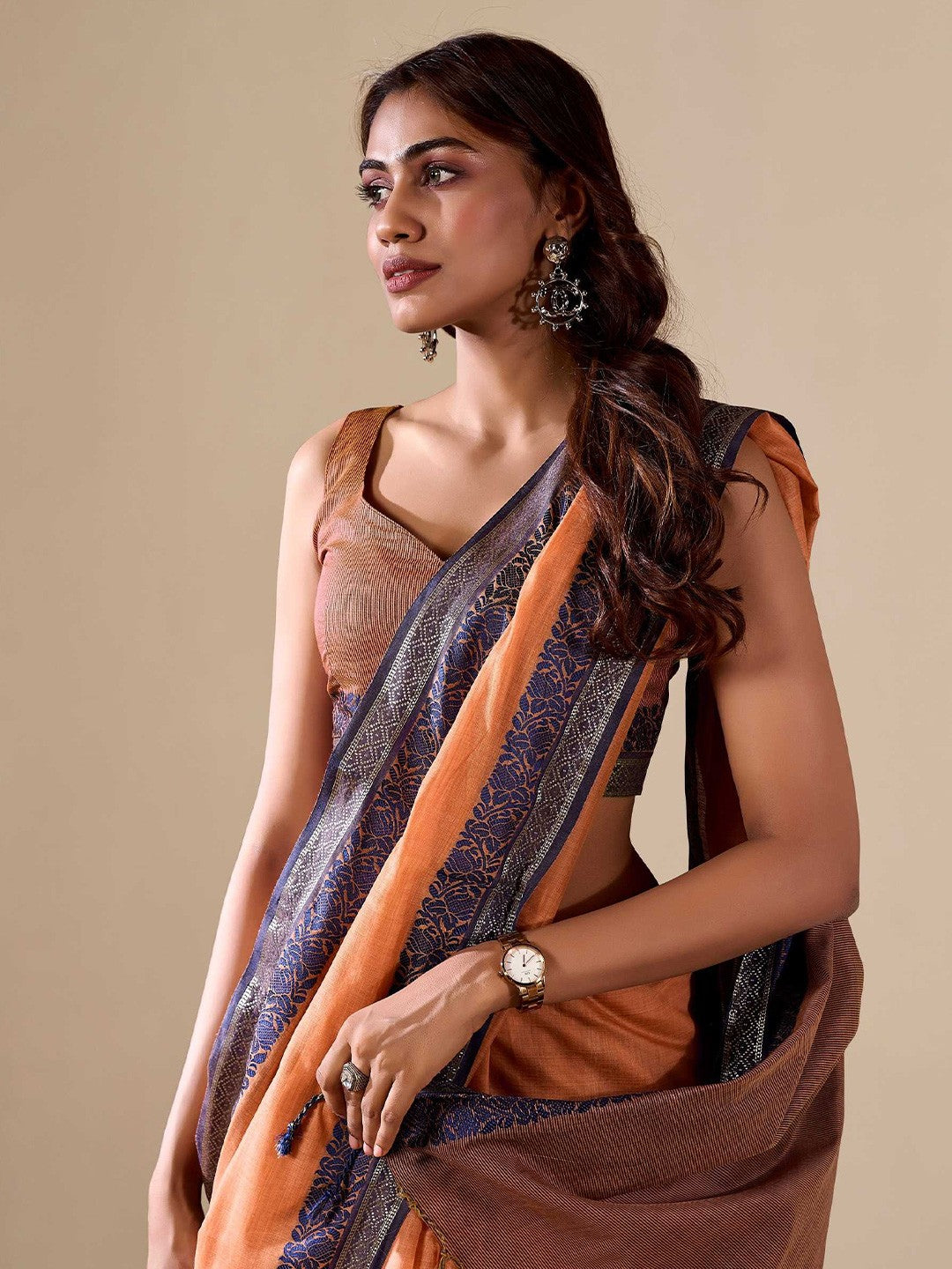 Orange Elegant Banarasi Silk Blend Saree with Zari Woven Border ClothsVilla
