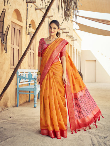 Orange Elegant Banarasi Silk Blend Saree with Zari Woven Design ClothsVilla