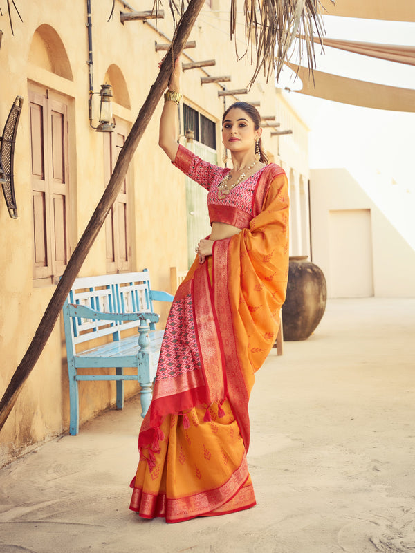 Orange Elegant Banarasi Silk Blend Saree with Zari Woven Design ClothsVilla