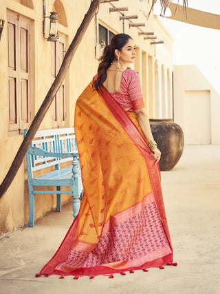Orange Elegant Banarasi Silk Blend Saree with Zari Woven Design ClothsVilla