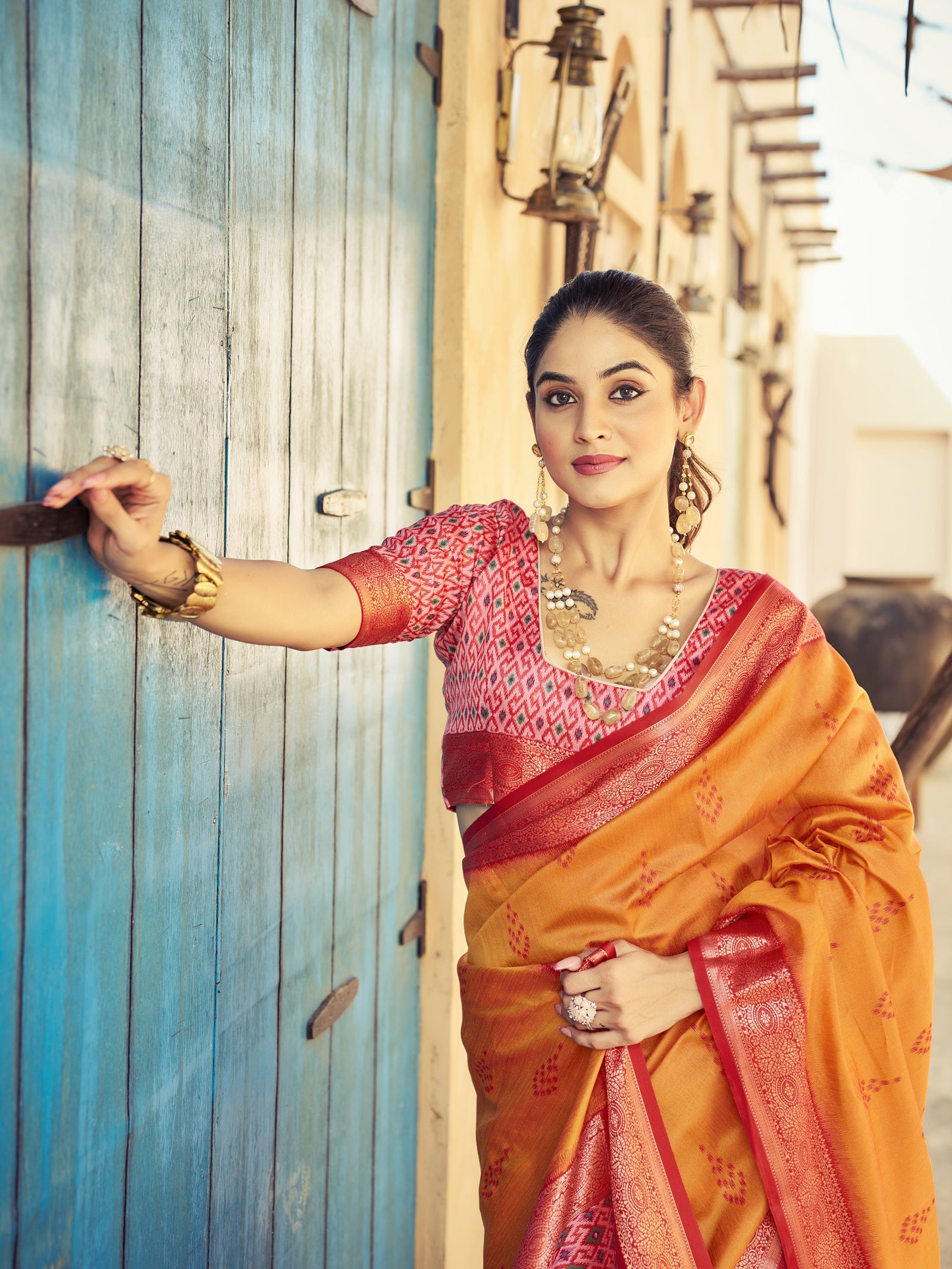 Orange Elegant Banarasi Silk Blend Saree with Zari Woven Design ClothsVilla