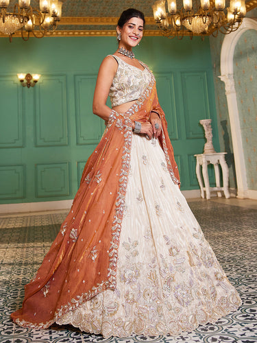 Orange Elegant Cream Viscose Semi-Stitched Lehenga Choli Set with Heavy Sequins & Thread Embroidery Work ClothsVilla