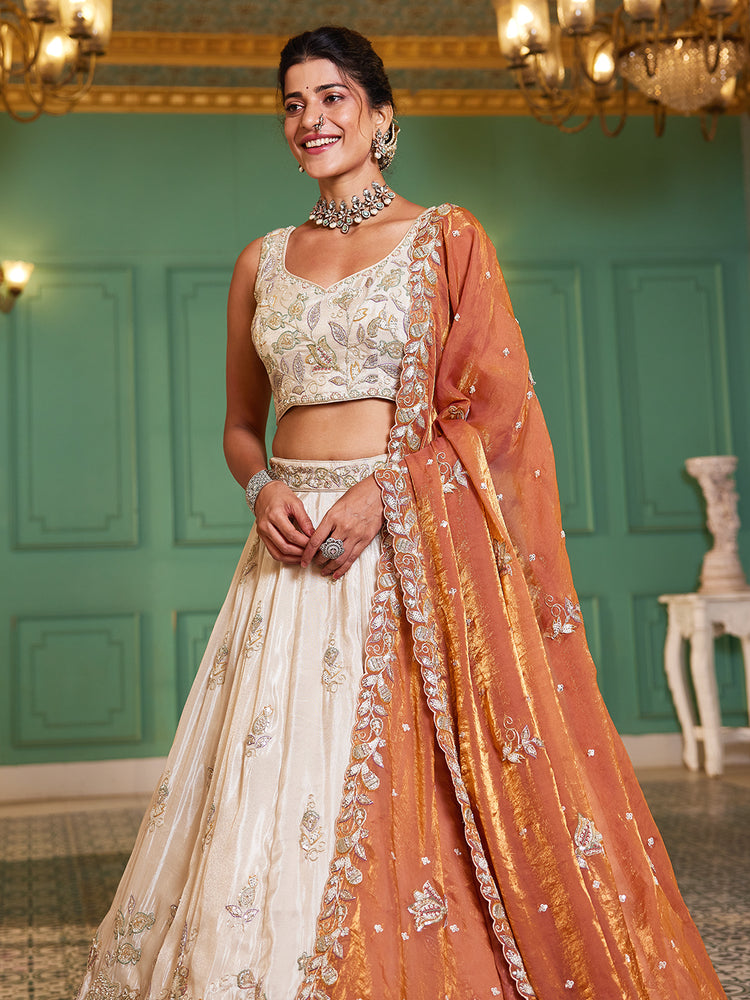 Orange Elegant Cream Viscose Semi-Stitched Lehenga Choli Set with Heavy Sequins & Thread Embroidery Work ClothsVilla